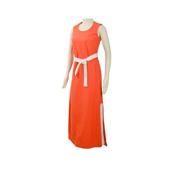 1970s Liberty Circle Orange & White Sleeveless  Boho Chic  Mod Maxi Dress - Picture 5 of 7